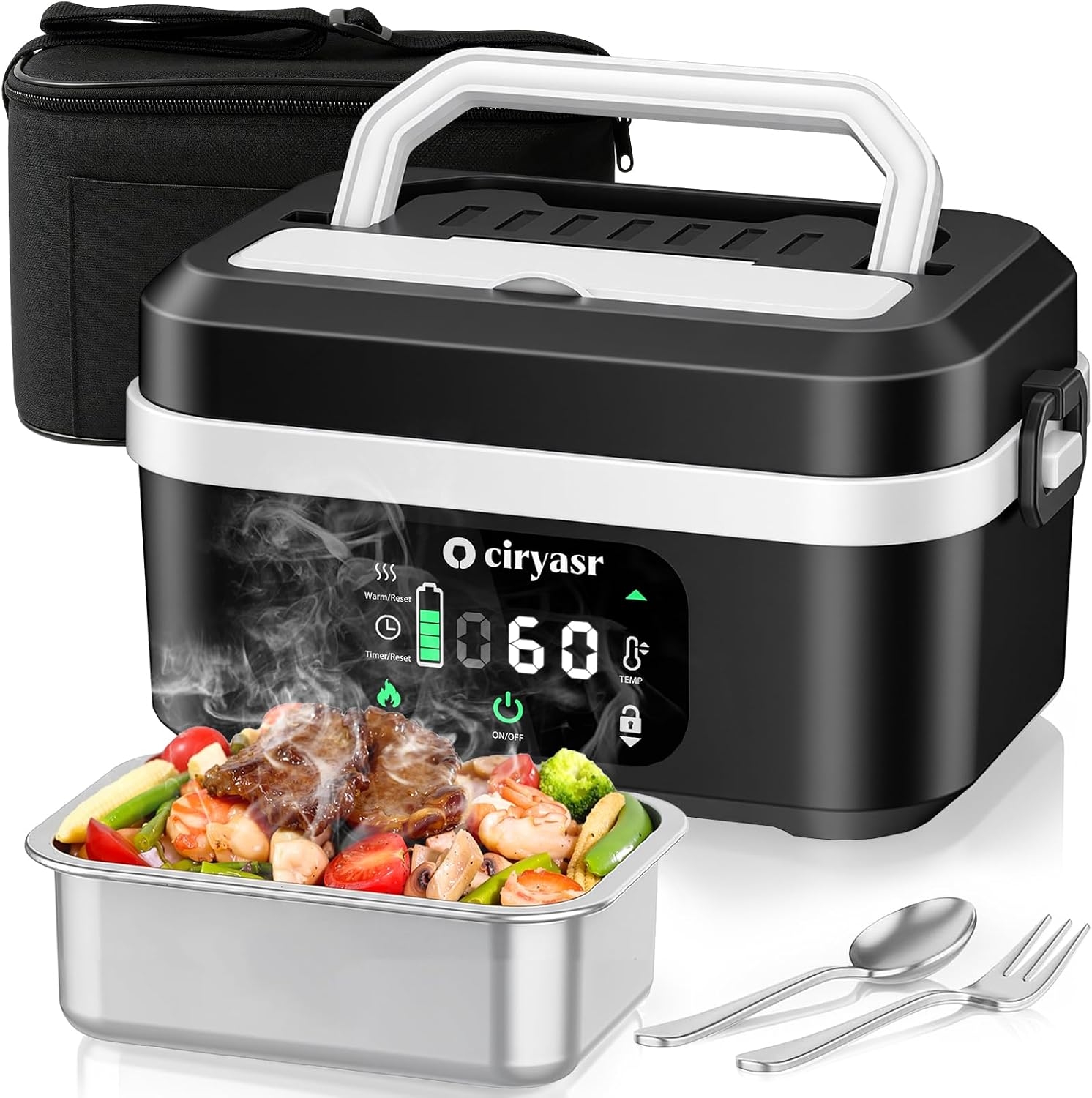 Battery Case Storage - 強力な電気ランチボックス、1.35L 20000mAhバッテリー搭載加熱式ランチボックス、急速加熱＆長時間保温、ステンレス製食器と保温バッグ付きフードウォーマー、車、オフィス、キャンプ、ピクニックに最適